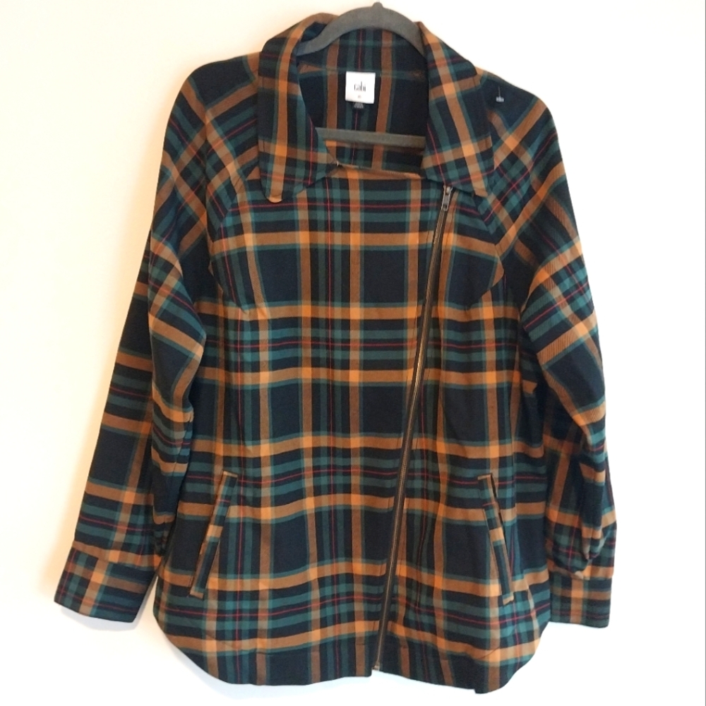 Cabi Tan and Blue Plaid Moto Jacket NWOT